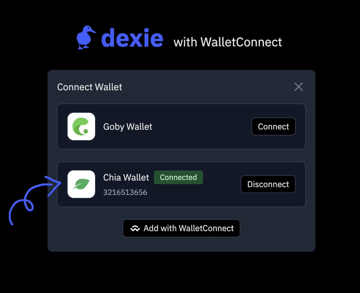 dexie_space's tweet image. Just released: WalletConnect Integration

Connect your Chia Desktop Wallet with dexie. Accept offers and simply confirm them in your wallet, even across different devices! 🤙

More functionality soon!