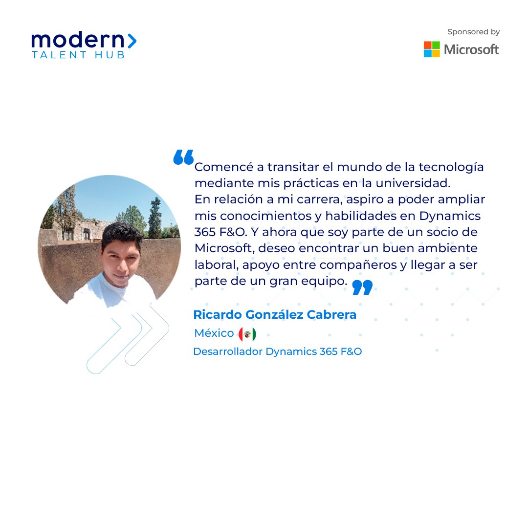 ModernTalentHub's tweet photo. ✳ Nos alegra mucho poder compartir hoy el testimonio y las aspiraciones profesionales de Ricardo en su nuevo empleo junto a un socio de #microsoft. 

¡Gracias por confiar en #moderntalenthub y disfruta mucho de este nuevo proyecto! 

#empleo #casodeexito #ti #latam #mexico https://t.co/7wIfi6X6wq