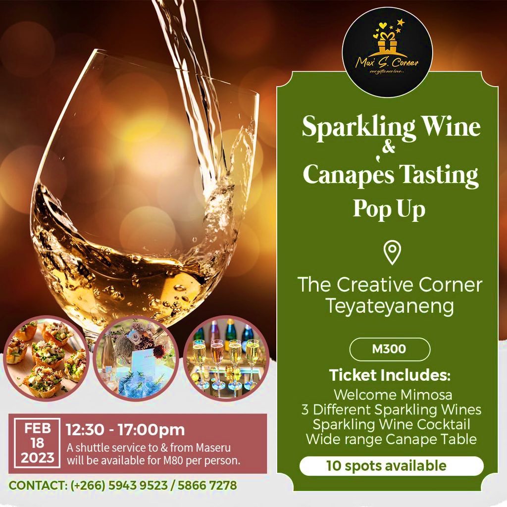 MaxSCorner01's tweet photo. We are very excited to have you over at the creative corner to dip on sparkling wine and eat really good food.
A shuttle service is available from Maseru and back so you don’t have to worry about driving
#winetasting #canapesbuffet #valentinesday #maxscorner #lstwitter https://t.co/7f4wmABaJD