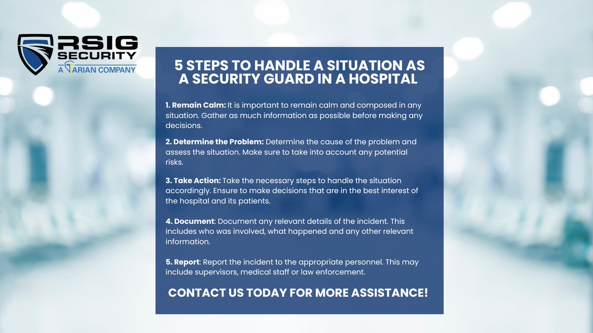 RSIG is focused on your safety! We have trained individuals that meet all the requirements of a well-trained security guard.

Schedule your FREE consultation today at: rsiginc.com/healthcare-div…

#RSIGsecurity #Boston