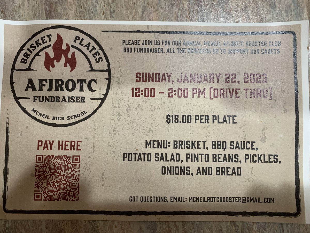 John Mark Edwards (@mavsassocprinc) on Twitter photo New Flyer spotted:
Support the <a href="/MHSMavs/">McNeil High School</a> AFJROTC ✈️ this Sunday by eating BARBECUE!! mcneilafjrotcbooster.com/product/annual… #MayTheHorseBeWithYou 💚💙🐎 New Flyer spotted:
Support the <a href="/MHSMavs/">McNeil High School</a> AFJROTC ✈️ this Sunday by eating BARBECUE!! mcneilafjrotcbooster.com/product/annual… #MayTheHorseBeWithYou 💚💙🐎
