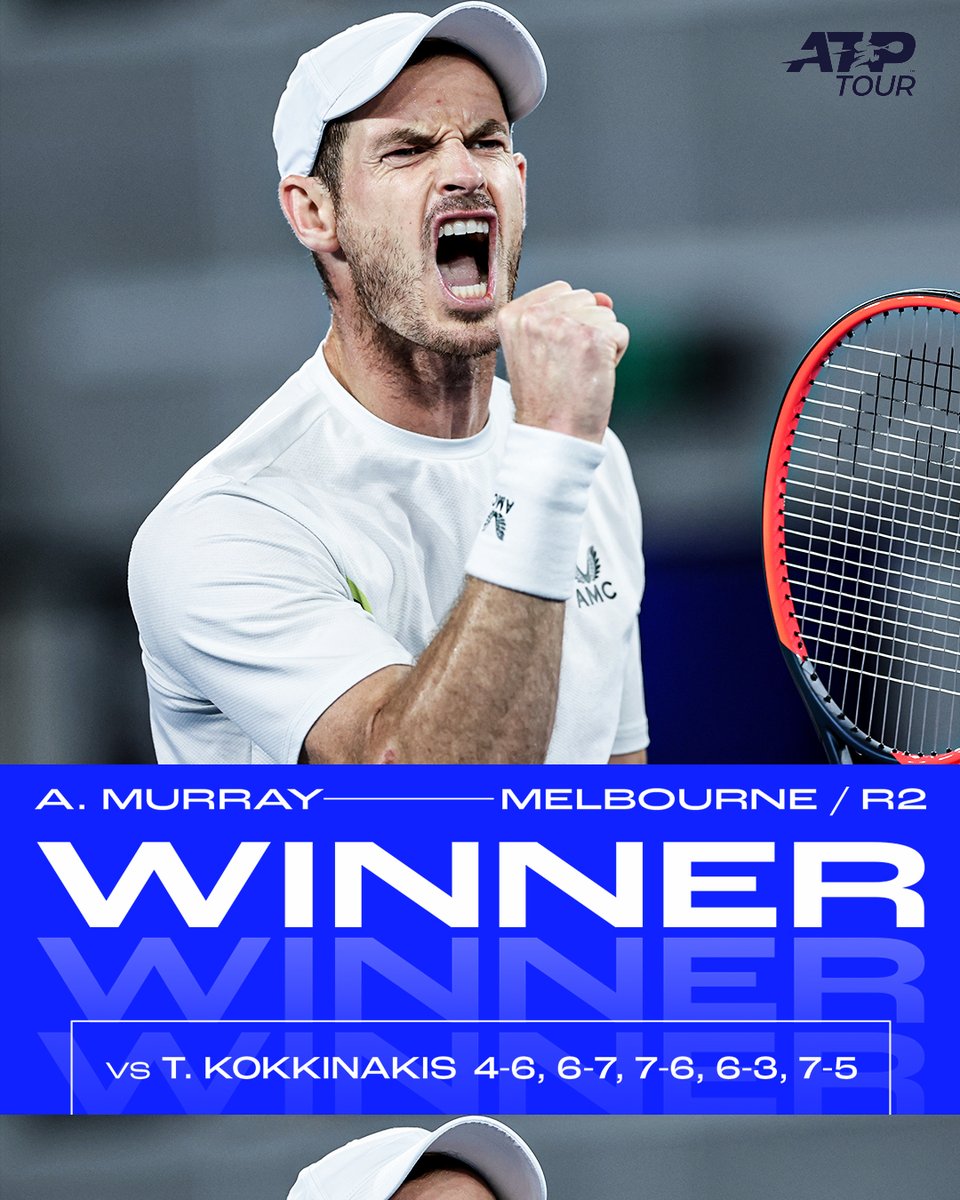 atptour's tweet photo. Simply amazing 🤩

After 5 hours and 45 minutes @andy_murray prevails over Kokkinakis 4-6 6-7(4) 7-6(5) 6-3, 7-5.

@AustralianOpen | #AusOpen https://t.co/t50GTz0TCK