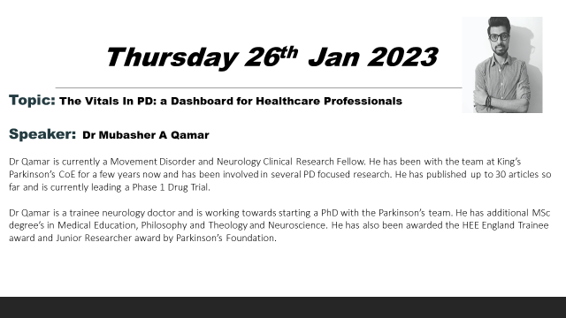 Parkinson's UK Excellence Network (@parkinsonsen) on Twitter photo Donāt miss this webinar on 'The vitals in Parkinson's Disease: a dashboard for healthcare professionals' with Dr Mubasher A Qamar from <a href="/KingsParkinsons/">King's Parkinson's</a>. 26 January 2023. Email excellence@parkinsons.org.uk to register and receive a link! #Parkinsons Donāt miss this webinar on 'The vitals in Parkinson's Disease: a dashboard for healthcare professionals' with Dr Mubasher A Qamar from <a href="/KingsParkinsons/">King's Parkinson's</a>. 26 January 2023. Email excellence@parkinsons.org.uk to register and receive a link! #Parkinsons