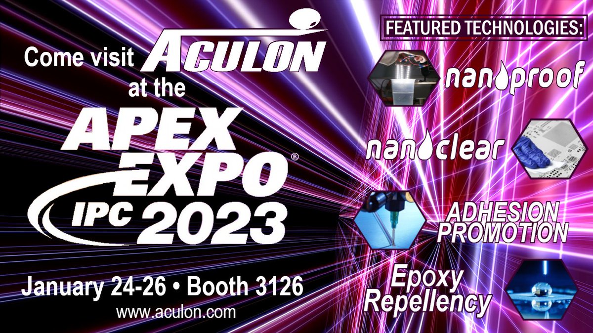 AculonInc's tweet photo. NEXT WEEK!  Visit Booth# 3126 at the APEX EXPO to learn more about our #electronic #coating #technologies! https://t.co/lMDDwDhb0K