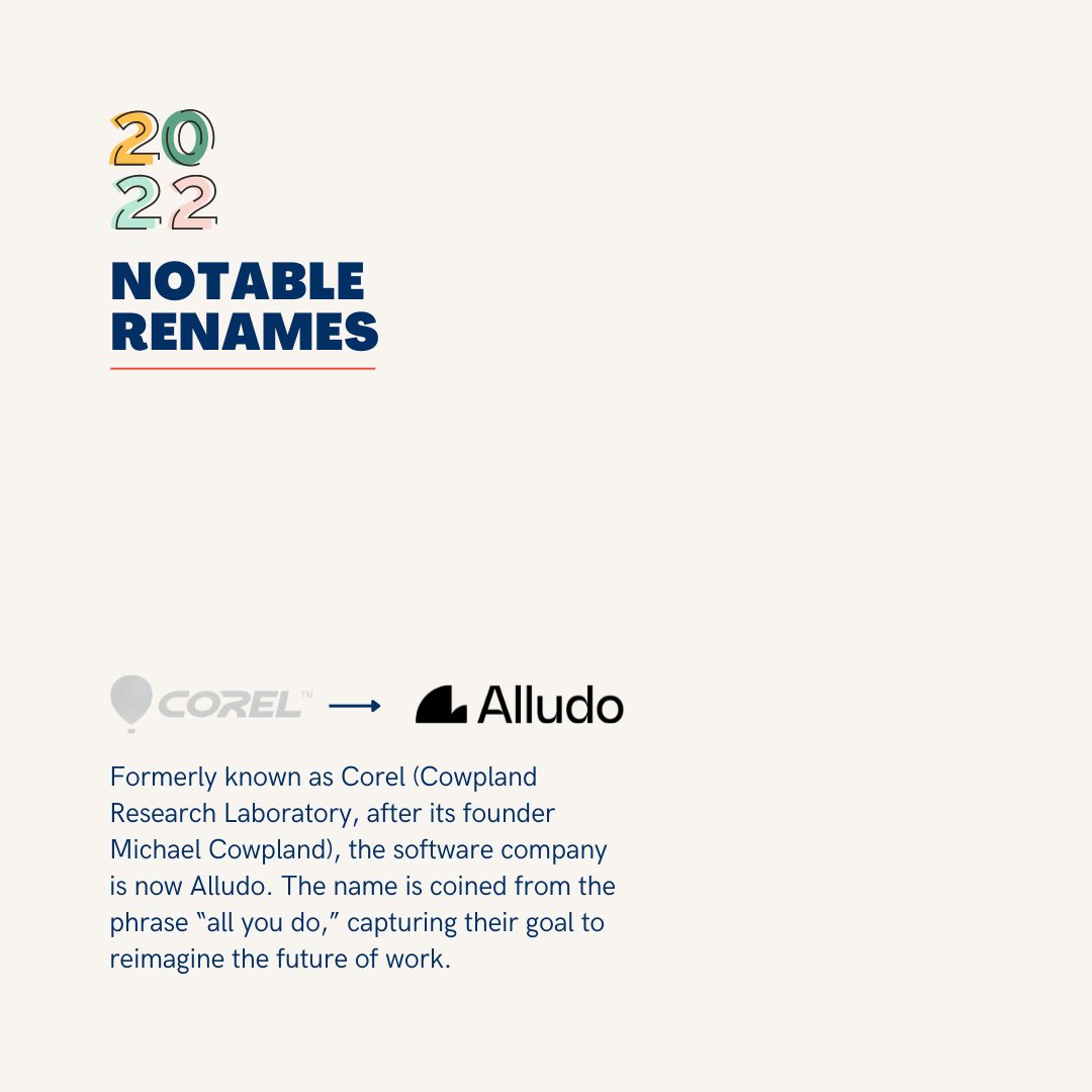 tanj_nyc's tweet photo. Here’s a look back at notable brand #renaming examples from 2022. For more trends, and what to expect from #naming &amp; #branding in 2023, check out our 2022 Brand Naming Review 👉 https://t.co/EQUyLlNlyc https://t.co/kQtM5lZzUA