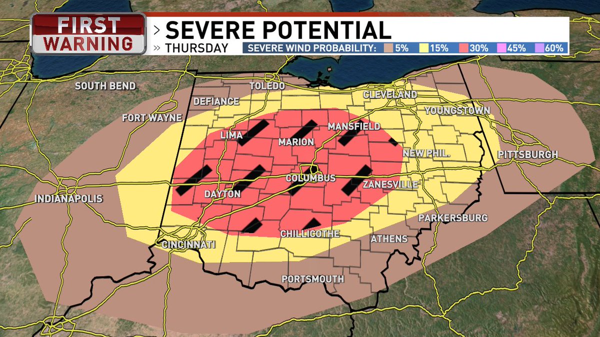 AndrewWSYX6's tweet photo. Midday update now has Central #OhioWX in the hatched area, meaning 75+ mph winds possible. https://t.co/vaNcUpl3Z5