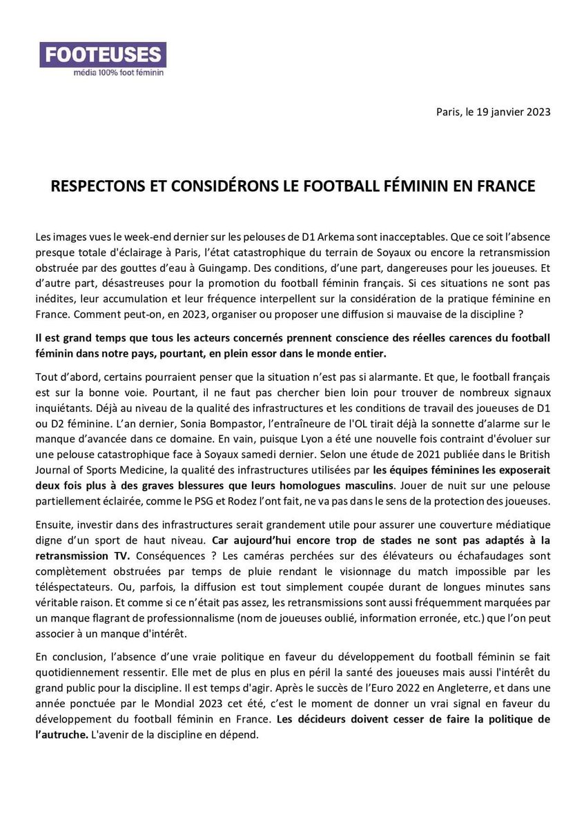 clem_reporter's tweet photo. LETTRE OUVERTE 🔴

Terrain mal éclairé, pelouse catastrophique et retransmission scandaleuse. Depuis plusieurs semaines, les signaux inquiétants se multiplient dans le football féminin français. 

Pour les joueuses et l’intérêt du public, il est temps d’agir. ⤵️ https://t.co/9Q0AB82Fpp