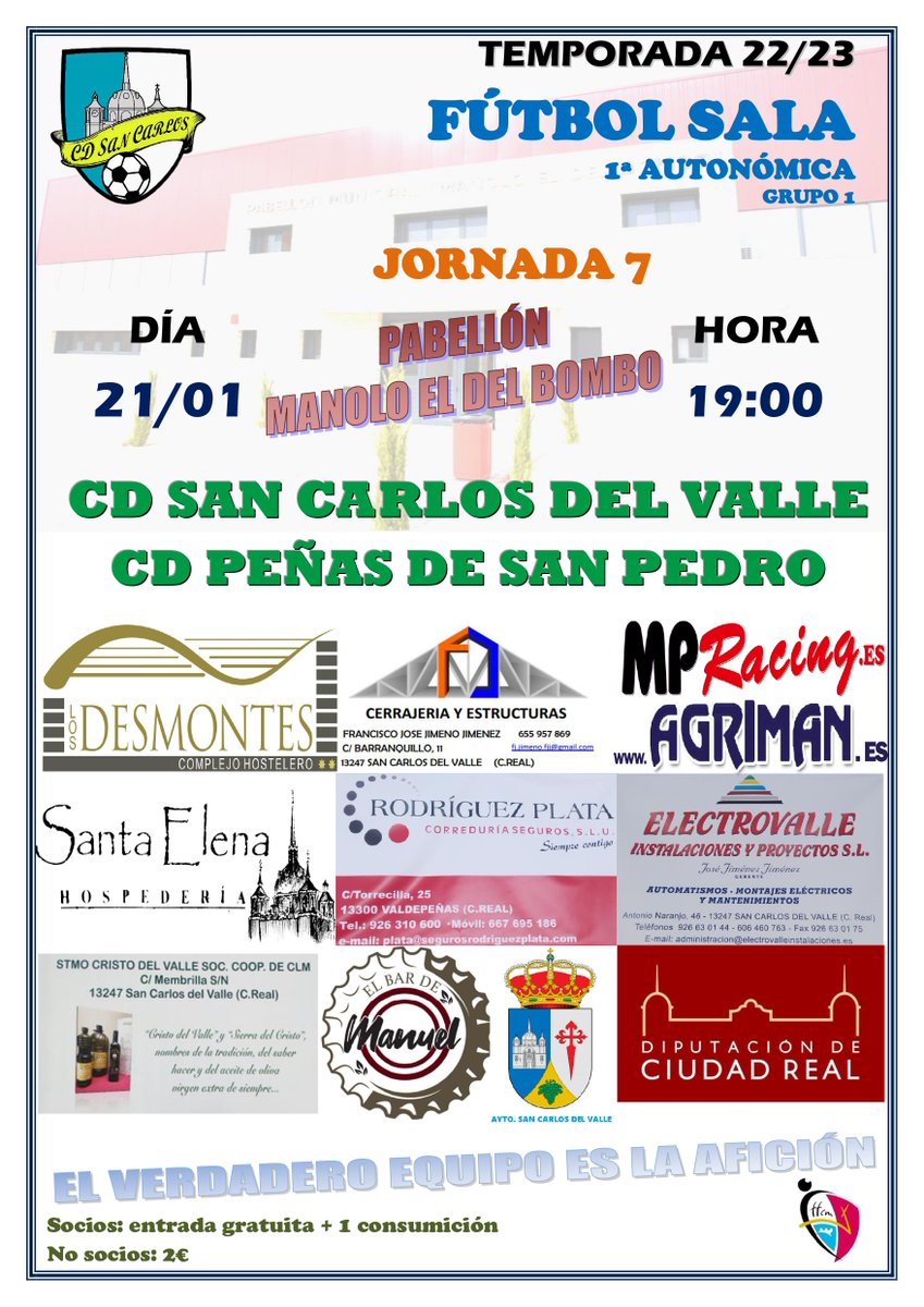 Jornada 7|  El próximo sábado el CD San Carlos recibe al CD Peñas de San Pedro, en el partido que se celebrará en el Manolo el del Bombo a las 19h.