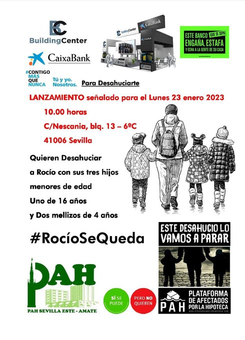 PahSevillaEsteA's tweet photo. .@Ayto_Sevilla #Stopdesahucios
#derechoatecho #RocioSeQueda
 ¡¡¡¡¡ALERTA DESAHUCIO !!!!!!
.@caixabank se burla de @LA_PAH y @desdelamoncloa 
no renuevan el contrato de alquiler de #RocioSeQueda
       ¡¡¡ ALERTA DESAHUCIO !!! https://t.co/m0tThgJDHa