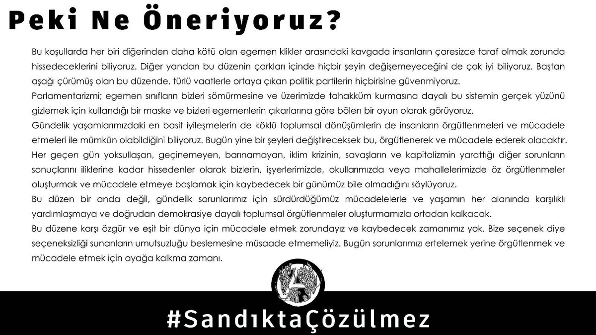 anarsistdaynsma's tweet photo. Farklı şehirlerde yaşayan anarşistler olarak diyoruz ki; sorunlarımız sandıkta çözülmez, bulunduğumuz her yerde öz örgütlenmeler oluşturalım ve mücadeleyi büyütelim.

#SandıktaÇözülmez https://t.co/EHNGFy5p0e