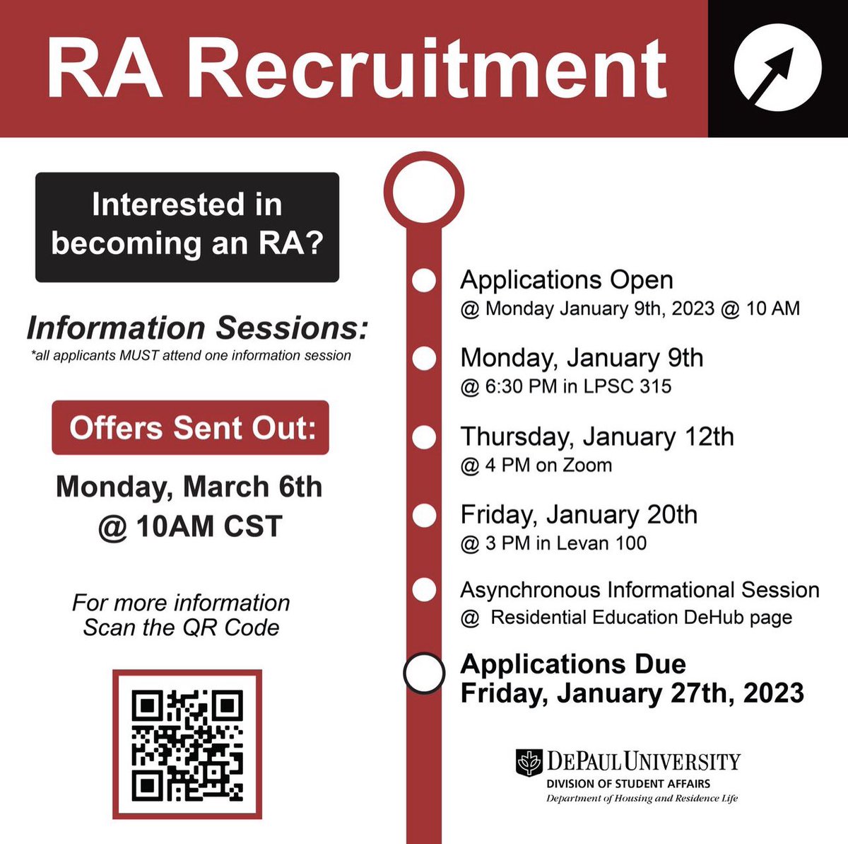 DePaulResEd's tweet image. Apply to be an RA in Lincoln or the Loop for 2023-2024! 
To register for one of the RA Info sessions for the Loop, log in to the UC Resident Portal: peakcampusuc.starrezhousing.com/StarRezPortal/….  If you do not have an existing account, first create one.  Once logged in, go to the Resident Dashboard.