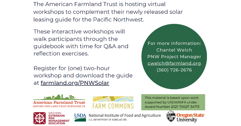 Farmland's tweet photo. To accompany the release of AFT's guidebook, Solar Leasing: A Guide for Agricultural Landowners in the Pacific Northwest, we're offering workshops to help agricultural #landowners better understand the complexity of #solar leases - first is today 1pm PT! @FarmlandWA
#solarleasing
