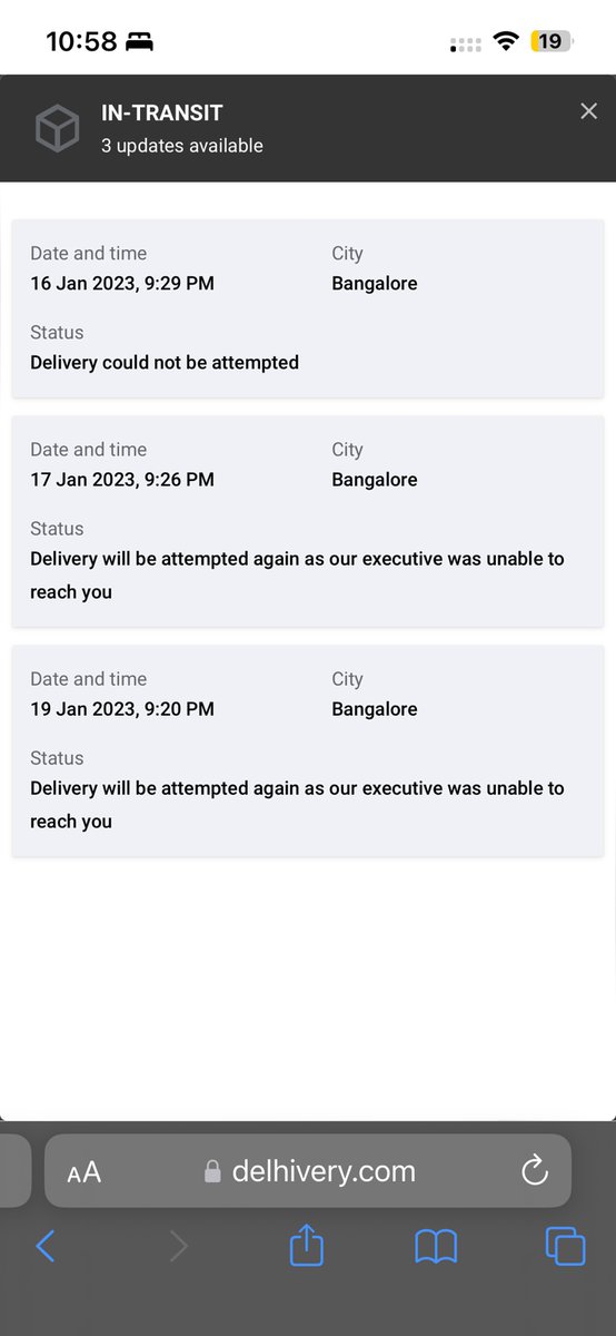 iamrahulx11x's tweet photo. Hi @delhivery I have a order which I was supposed to recive on 15th Jan but daily basis the order is failing to be delivered with reason as cannot contact customer. Please check the screenshot. I have raised a ticket against the delivery person ID : 55533163. Please help me 😢😢 https://t.co/xuhULpyDDb