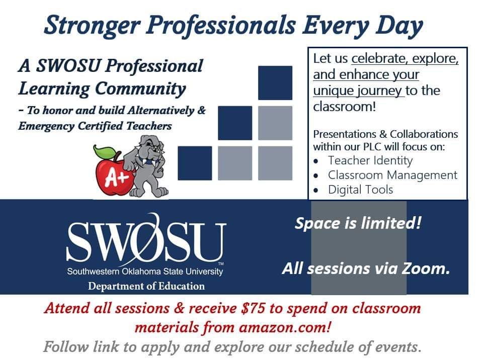 SWOSU_DOE's tweet image. Drs. Oliver and Aguiñaga of the SWOSU Department of Education would like to invite all Oklahoma alternatively and emergency certified teachers to participate in our SWOSU PLC. 

Schedule of events: docs.google.com/document/d/1Ie…

Application &amp;amp; Consent Form: sosuedu.qualtrics.com/jfe/form/SV_55…