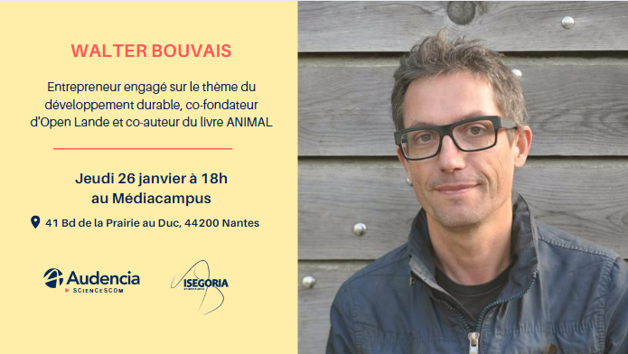 [J-7] avant la conférence de <a href="/WalterBouvais/">Walter Bouvais - Open Lande</a>, co-fondateur d'Open Lande, au #mediacampus Audencia autour de la question suivante:

Quels rôles les entreprises et les médias peuvent-ils avoir dans la transition écologique? 

Rendez-vous le 26 janvier à 18h dans l'Agora.