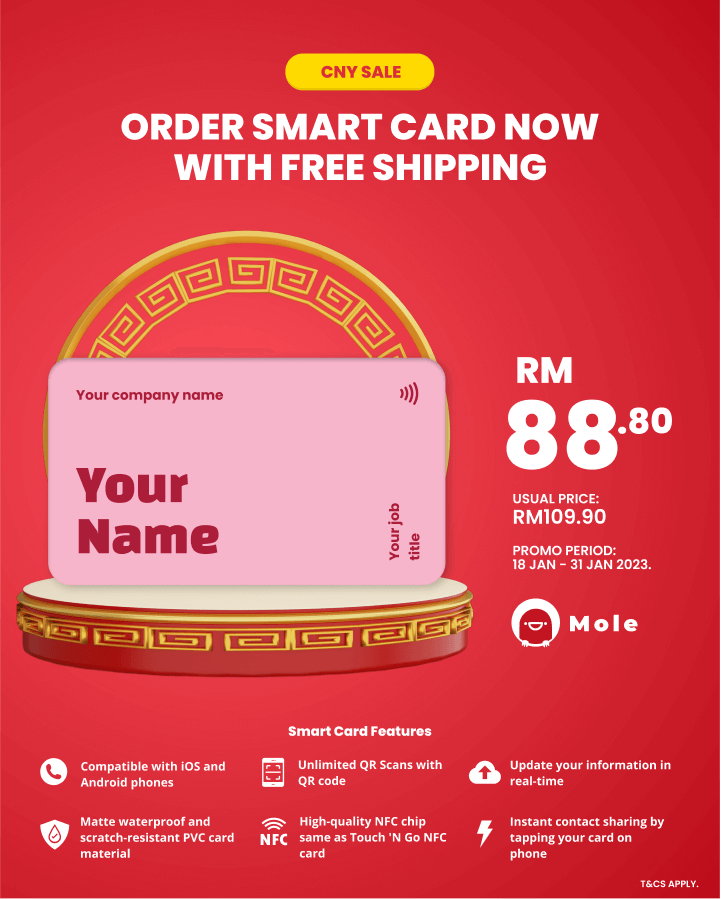 Mole_Card's tweet photo. 5/5: Lastly, your Mole smart card is now going at a super ONG price at RM88.80!
YOU ONLY PAY ONE-TIME FEE BUT YOU GET FOREVER FREE SUBSCRIPTION! Huat Ahhh! πΈπβ¨π§§
Promo ends on 31 Jan 2023. #molecard #digitalbusinescard https://t.co/EPkdr9MRC4