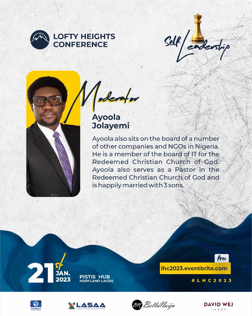 LoftyHeightsNG's tweet photo. Meet one of our moderators for the panel discussion at #LHC2023 #SelfLeadership, the dynamic Ayoola Jolayemi @aydoxa. 

Check out his profile here

then click here👇👇https://t.co/cgZc6e6JT7 to register.

#LHC2023
#SelfLeadership
#LHCReloaded https://t.co/cjxWLEWJIF
