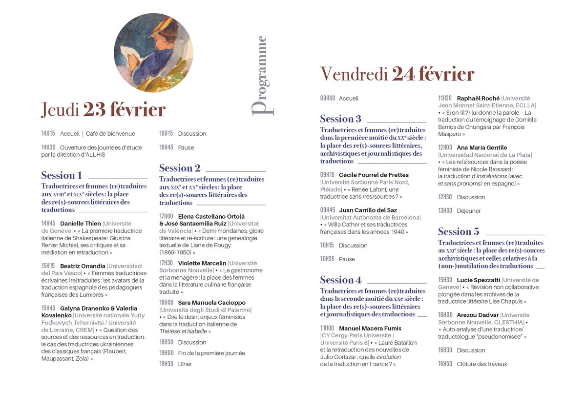 MarianPanchon's tweet photo. 📢📢J'ai l'immense plaisir de vous annoncer le programme définitif des JE "Traductions, traductrices et femmes (re)traduites : la place des re(s)-sources" (23/24 fév.) que j'organise à @Univ_St_Etienne. Les journées s'annoncent passionnantes ! 🤩📚Venez nombreux/ses ! #ALLHiS https://t.co/FB8vjontVS