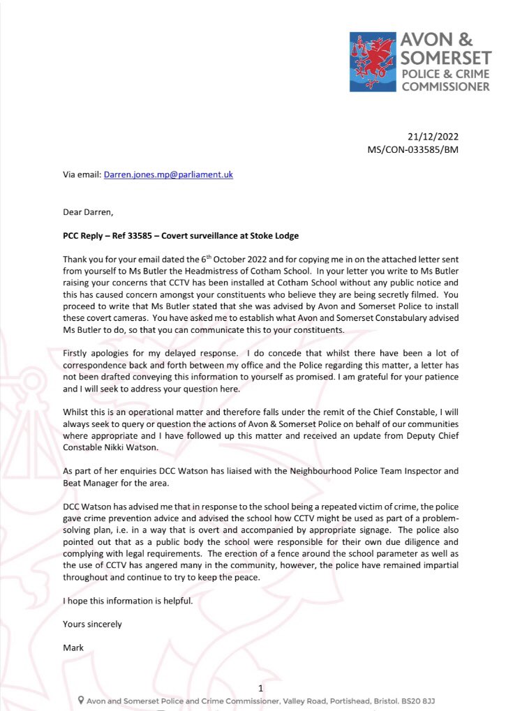 On 5 Oct 2022 <a href="/CothamSchool/">Cotham School</a> claimed it installed covert spy cams at Stoke Lodge specifically on the advice of <a href="/ASPolice/">Avon and Somerset Police</a>. This was later contradicted by ASP in media statement. 
Here is the formal letter from the Police &amp; Crime Commissioner which debunks the school’s false claim: