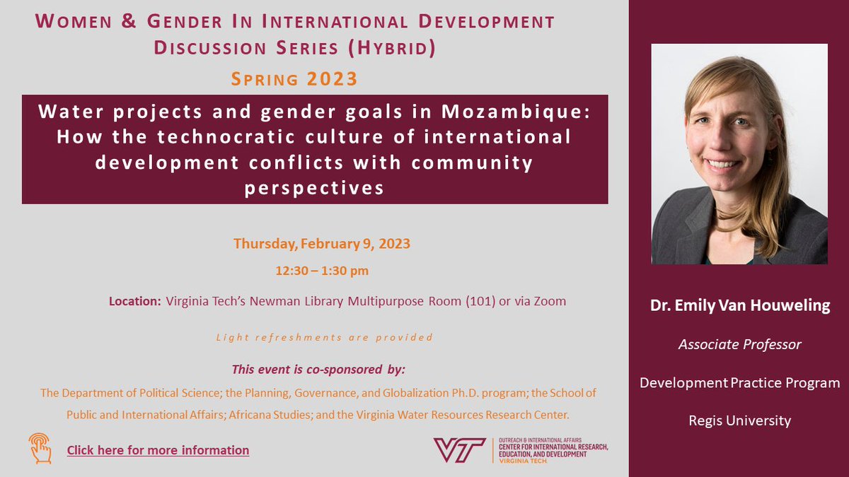 📢Join us for a discussion on water projects and gender goals in Mozambique with Dr. Emily Van Houweling at the WGD Discussion Series (hybrid)!

🗓️February 9, 2023
⏰12:30 - 1:30 pm (EST)
📍Virginia Tech &amp; Zoom
🔗Register: bit.ly/3XqMcjC

#GenderAndDev
#GenderAndWater