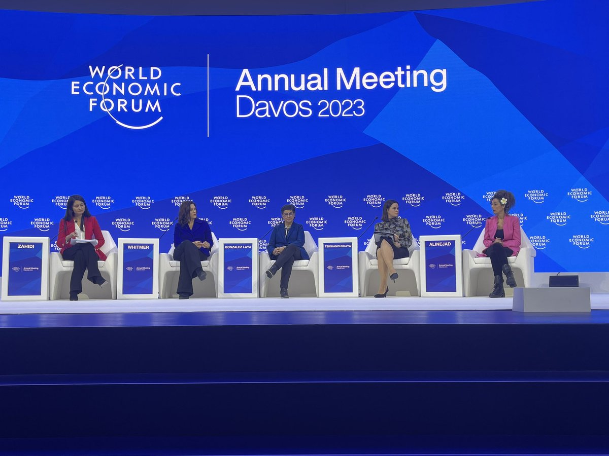 AlinejadMasih's tweet photo. Today on the main stage at @Davos I said: from Russia to Iran, China &amp; Venezuela, dictators are more united than democratic countries. Free world must be united in their support of women of Iran &amp; Afghanistan. 

Isolate the Islamic Republic the way you isolated Putin.
#MahsaAmini https://t.co/iMSslCUZdM