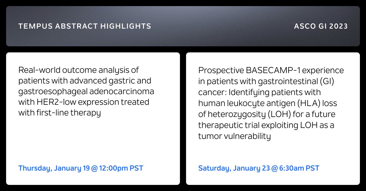 We’re on-site at <a href="/ASCO/">ASCO</a> #GI23 presenting 6 abstracts throughout the weekend, featuring research dedicated to improving therapy options for patients with #GI cancers. Stop by booth 52 or learn more here: tempus.co/3WoFQ2O