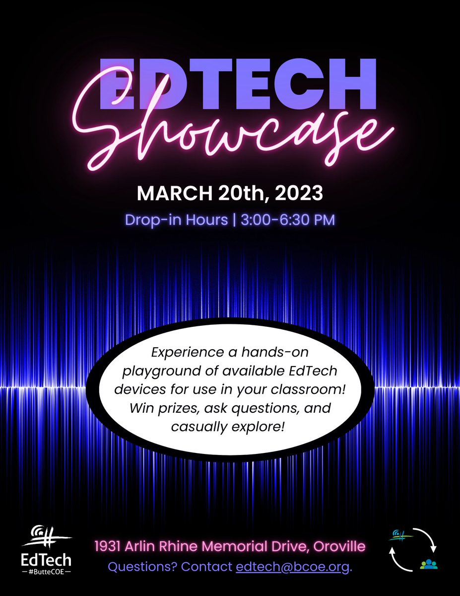 Stop by BCOE's Educational Technology Department on Monday, March 20th for a hands-on, drop-in event aimed at showcasing the wide variety of EdTech equipment available to all Butte County educators via the Educational Technology Exchange! 🧵

#ButteCOE