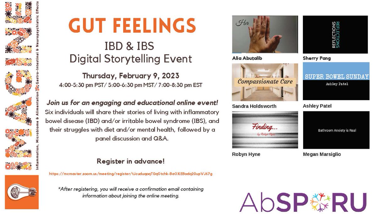 <a href="/IMAGINE_SPOR/">IMAGINE SPOR Network</a>'s first webinar of 2023 is coming up! Join us on Thursday February 9th, for our #IBD &amp; #IBS Digital Storytelling event where six individuals will share their stories of living with #IBD and/or #IBS. Register now: bit.ly/3iIQXWQ
