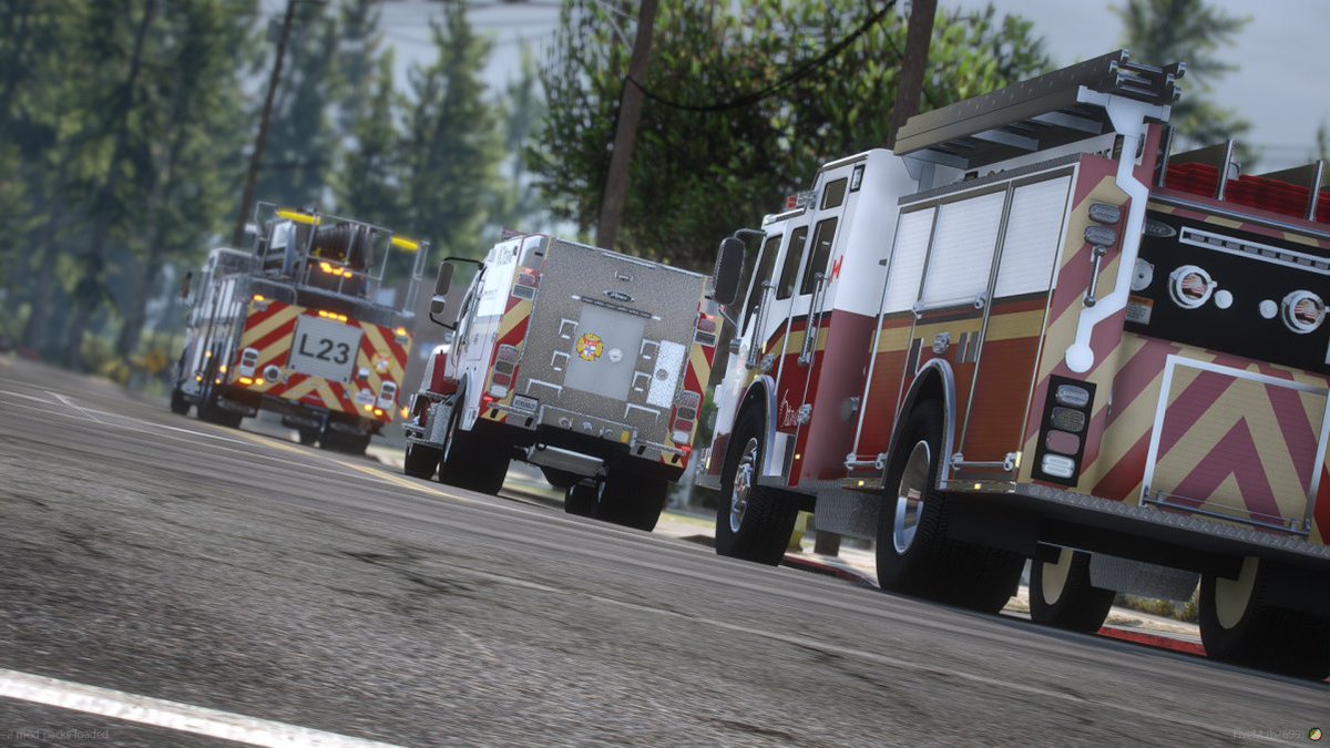 MLRP_Official's tweet photo. Ladder 23, Pumper 23 and Brush 23 returning to quarters following a barn fire which then lead into a small brush fire. 
Firefighters from Station 23 arrived on scene quickly and were able to contain the situation within minutes of arrival.

#firefighters #roleplaying #GTARP #GTA5 https://t.co/PKcUaR1ibr