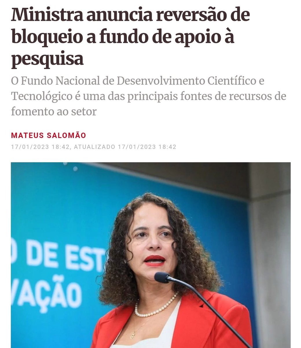 Isso é uma excelente notícia para a ciência brasileira!

O governo anterior usava o fundo, que POR LEI deve ser destinado à pesquisa, para pagar um monte de outras coisas sem relação com a ciência.

Isso inclusive ajuda a permitir o aumento das bolsas. Obrigado <a href="/lucianasantos/">Luciana Santos</a> !