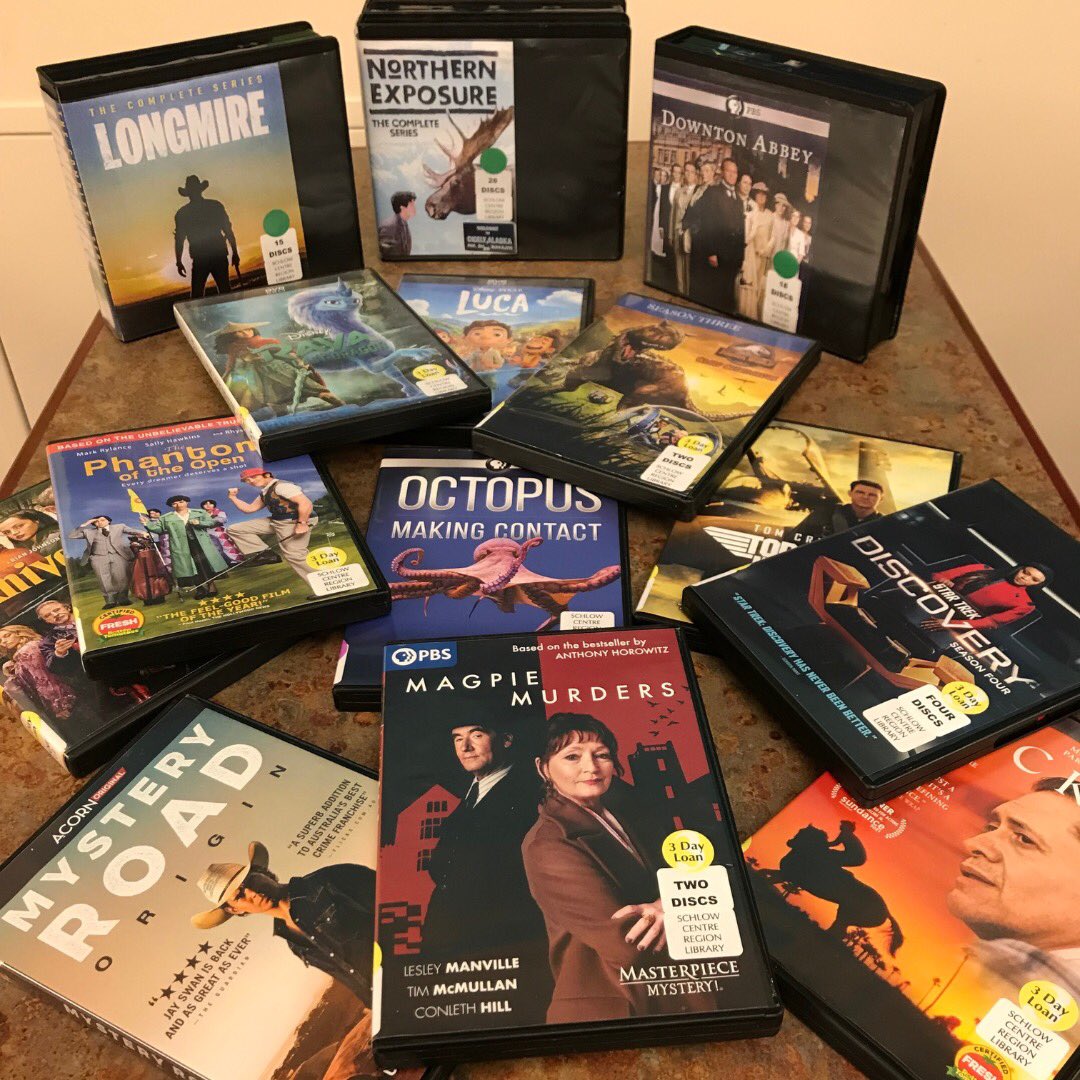 SchlowLibrary's tweet photo. “The library is like a candy store where everything is free.” ― @JamieFord, #SongsOfWillowFrost.
Browse our 3-day and 3-week DVD/blu-ray shelves to find #BingeBoxes of entire TV series, as well as films and documentaries. https://t.co/5VKPrsRwbz