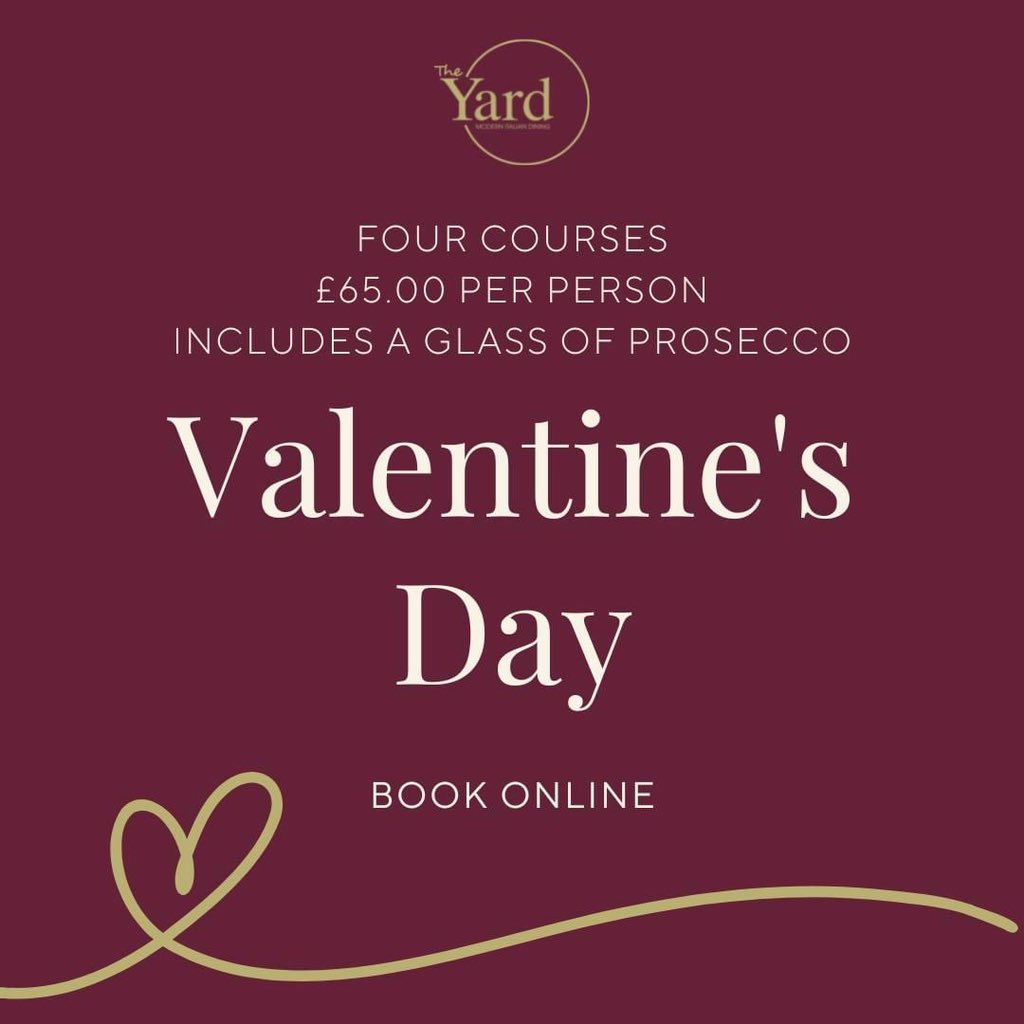 Valentine’s Day at The Yard 💕

Four courses and a glass of Prosecco for £65.00 per person - treat your loved one 🥂

Menu coming very soon...

Book a table online: theyardrestaurants.co.uk