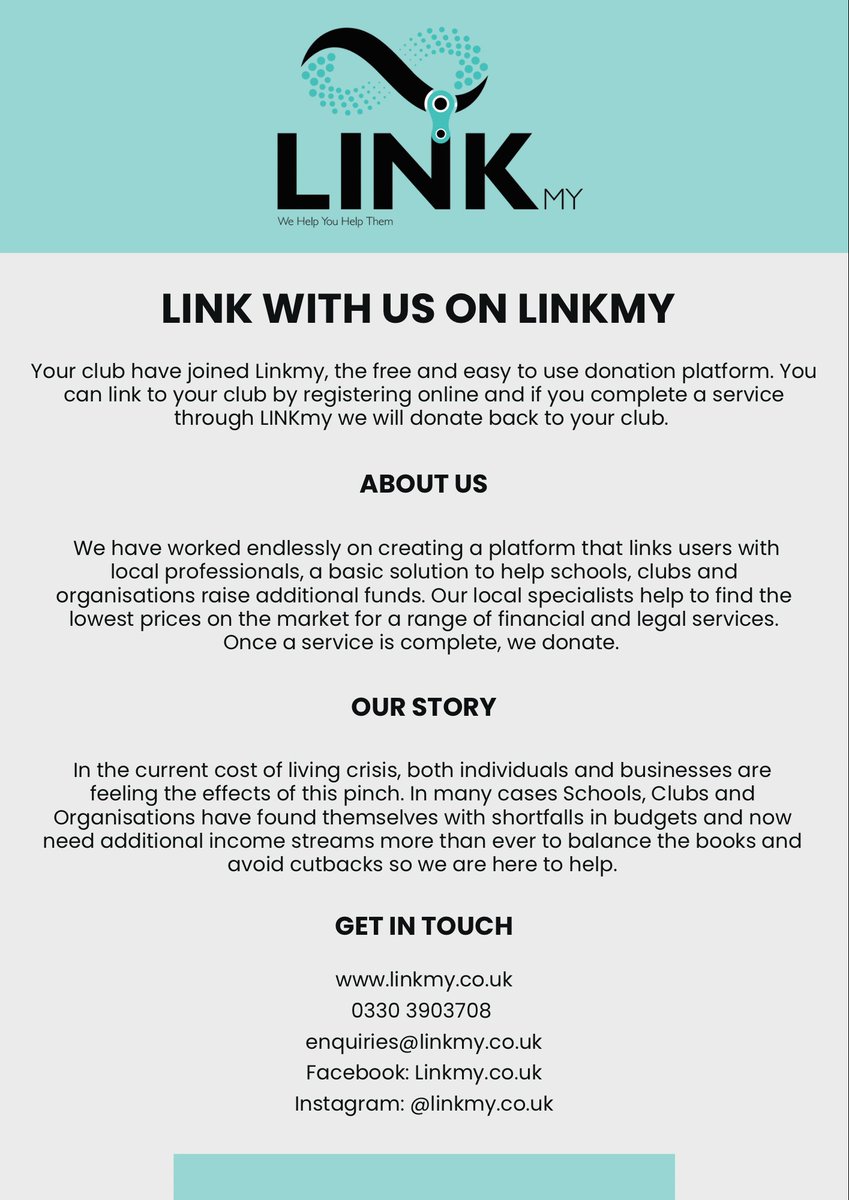 YOU CAN LINK WITH US NOW ON LINKMY!
The free platform that gives donations to Football clubs when their associates complete Financial, Legal and Estate planning services.
You can link to our profile and our club will receive donations. VISIT LINKMY.CO.UK ’
