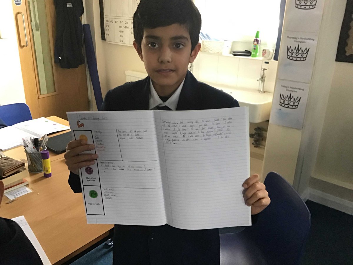 stsilasyear5's tweet photo. Today we have focused on precise verbs and rhetorical questions. This boy was fantastic and has improved so much in his presentation. #SilasWriting https://t.co/s5BSGbssIl