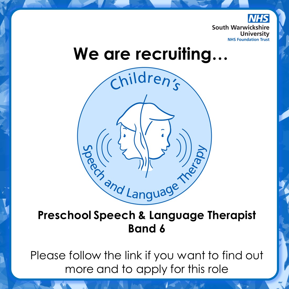 We have a new vacancy for a permanent Band 6 Preschool post.

The role is full time and based in South Warwickshire. Please check out this link to find out more and to apply: jobs.swft.nhs.uk/job/v4851548

<a href="/BCUSALTSOC/">BCU SALTSOC</a> <a href="/WestMidRCSLTHub/">West Mids RCSLT Hub</a> <a href="/RCSLT/">RCSLT 💙</a>  <a href="/nhsswft/">@nhsswft</a> <a href="/timetotalkwarks/">‘time to talk’™ Warwickshire</a> #saltjobs