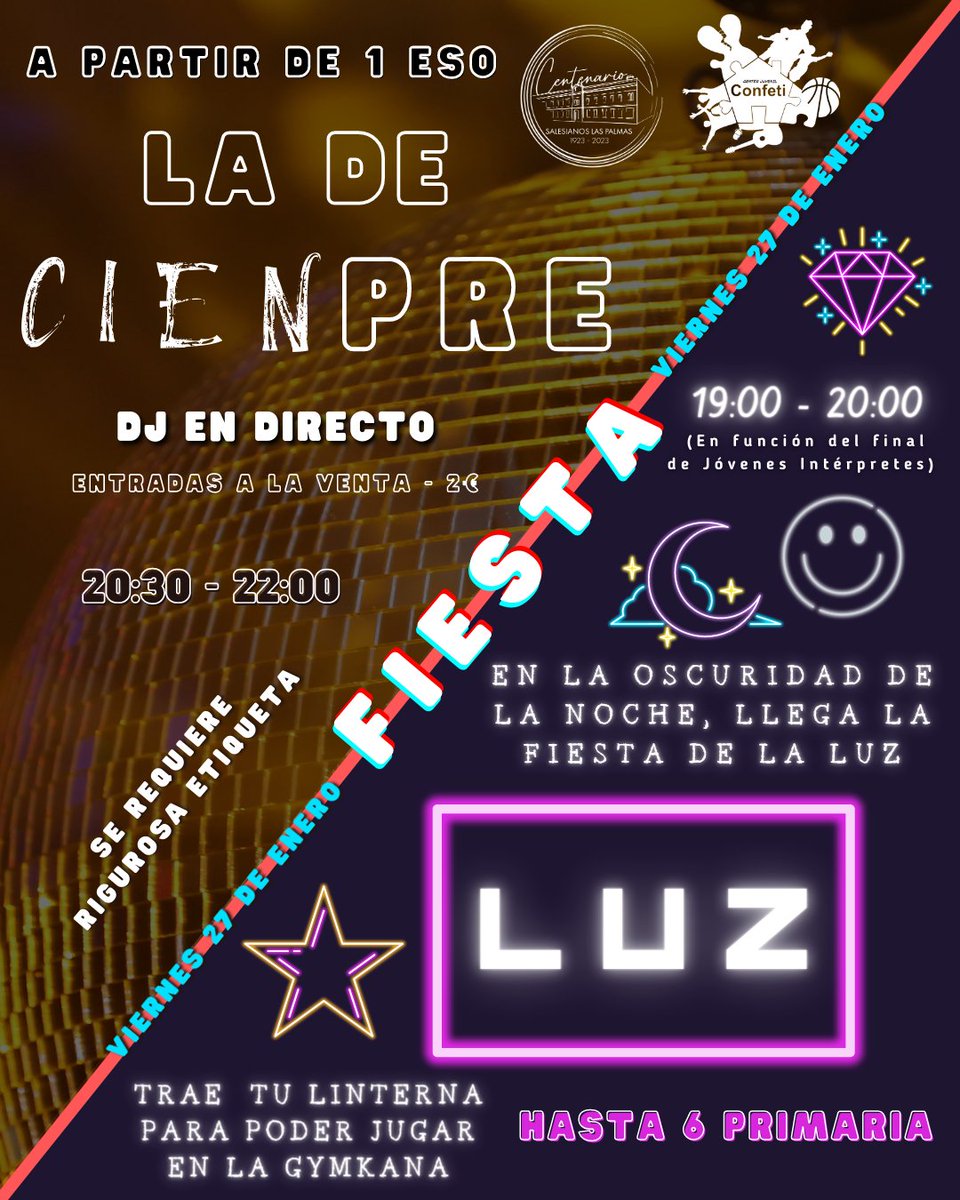 cjconfeti's tweet photo. ! Llegan las fiestas de Don Bosco !

El viernes 27 de enero tendremos 2 fiestas en honor a Don Bosco

🥳 Para Primaria tendremos la fiesta de la Luz, y a partir de 1°ESO, "La de CienPre"

ℹ️ Más info en Instagram 

¡Ven a celebrar el Centenario y Don Bosco con el #cjconfeti ! https://t.co/JWsW28ng43