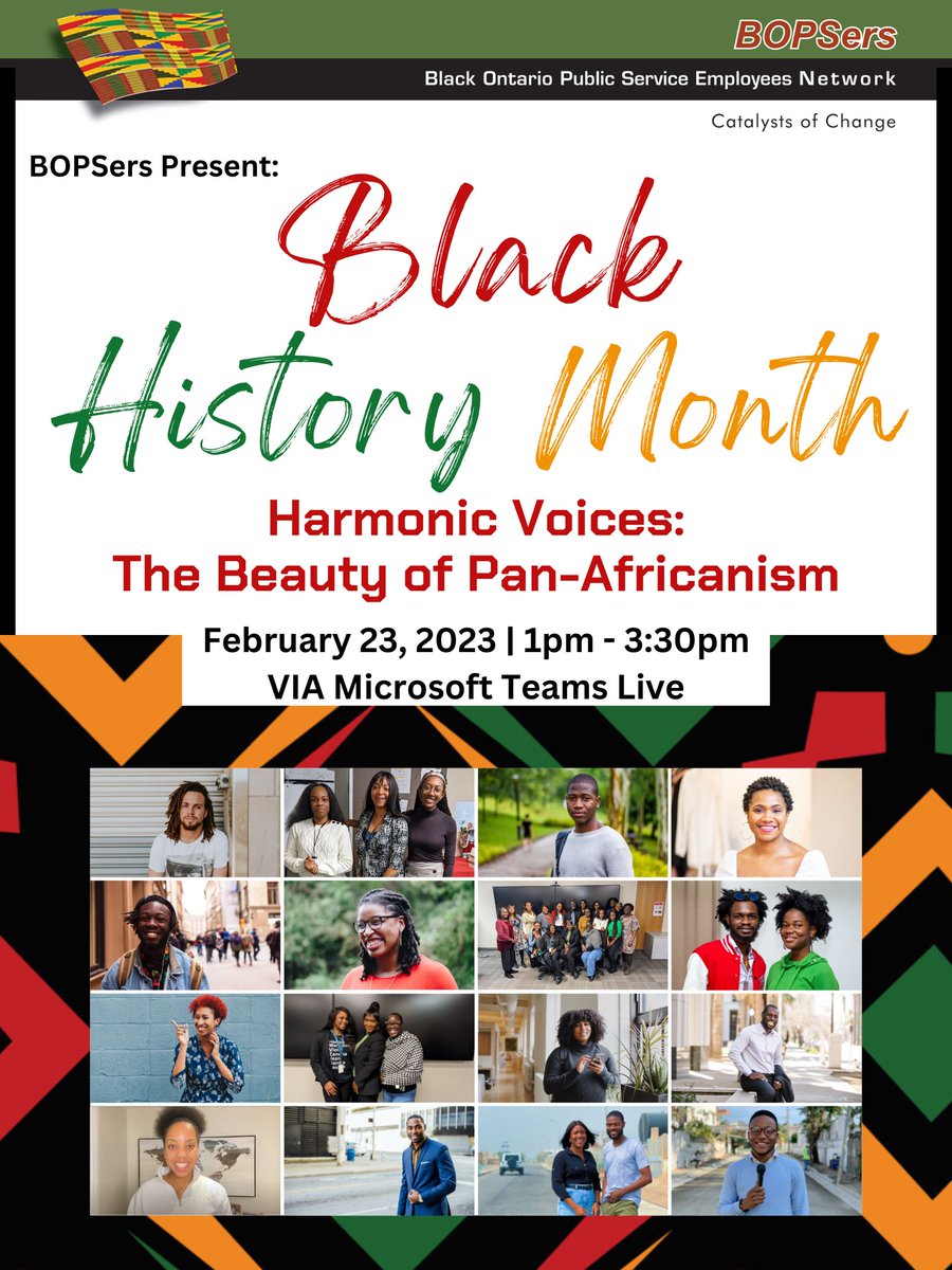 bopsers_network's tweet photo. Join us for our 18th Annual Black History Month Event! This event will take place on February 23, 2023 at 1pm via MS Teams Live.
 
This year’s theme is "Harmonic Voices: The Beauty of Pan-Africanism."  You don’t want to miss out – reserve your spot now!
https://t.co/pZ5Fl5Toiz https://t.co/F8apLHzLUL
