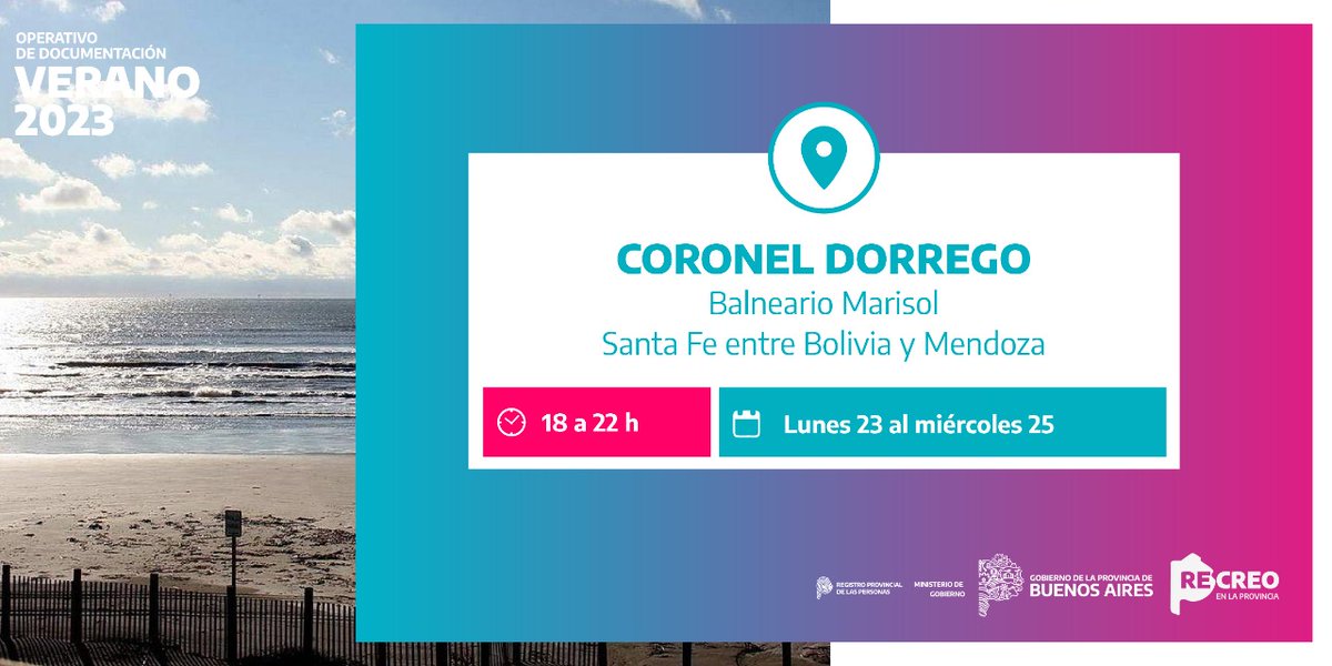 registropba's tweet image. Atención vecinos y vecinas de #CoronelDorrego‼️
Seguimos disfrutando del #VeranoBonaerense con nuestros 🌅OPERATIVOS DE DOCUMENTACIÓN

📍 Balneario Marisol - Santa Fé entre Bolivia y Mendoza

⏰ desde las 18 a 22 h

Acercate a hacer tus trámites 👇🏾👇🏾