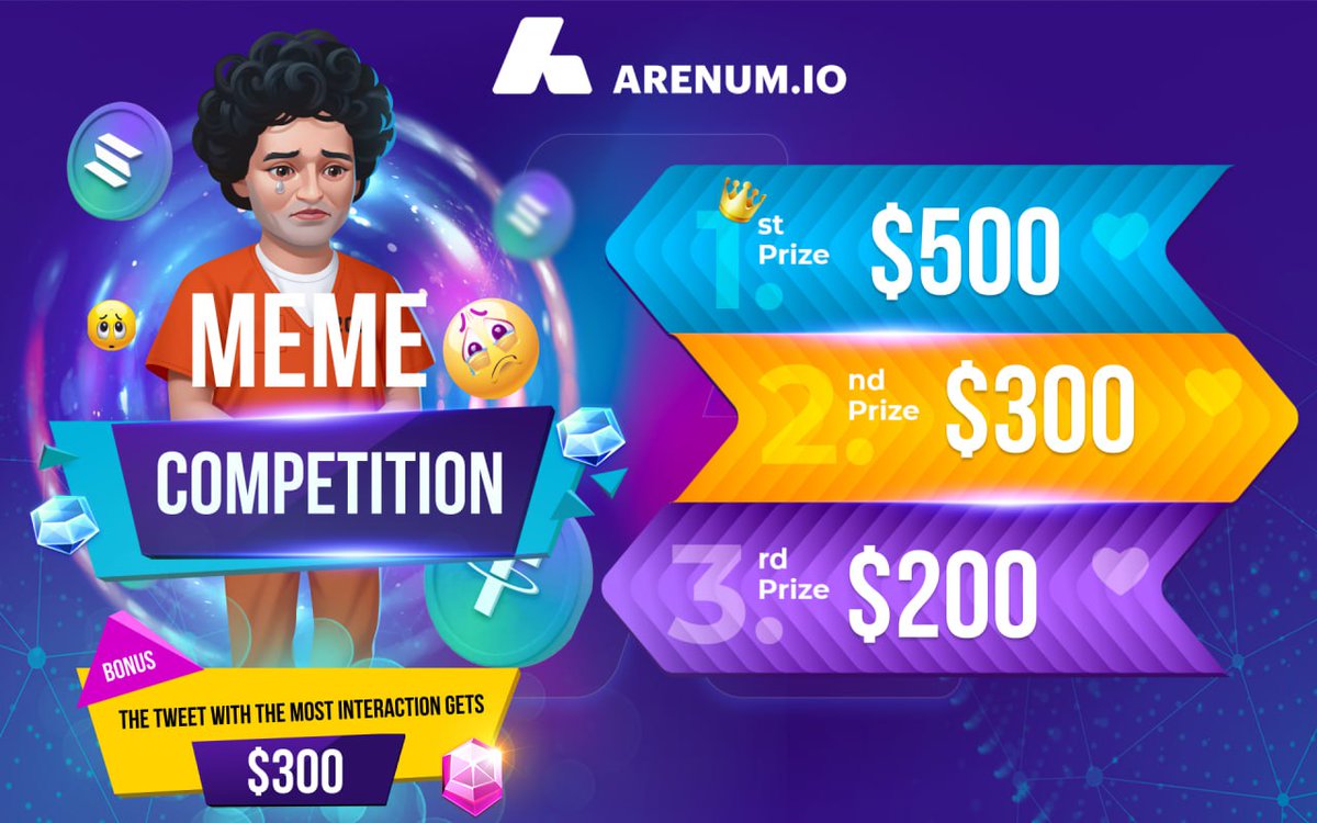 Arenum_official's tweet photo. 💥 Meme Competition💥

🔥 First season has begun and we would like to celebrate it with a meme competition. Think of a funny way to create a hilarious meme with Arenum and current event.
👉🏻 Visit — https://t.co/Uvyi9tw2TP to get details and participate!

#MemeArenum #SBF @SBF_FTX https://t.co/MUVH4pO332