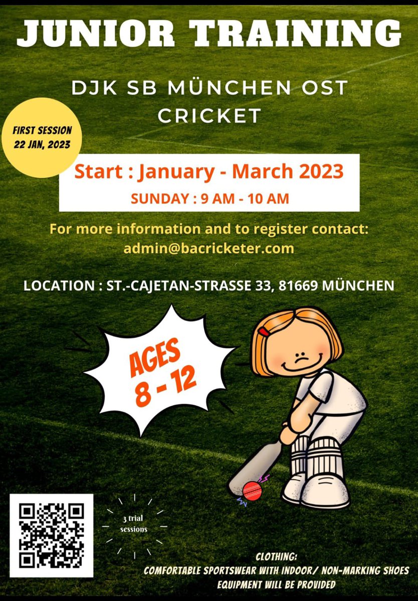 Cricket_Germany's tweet photo. Calling all boys &amp; girls in Munich 👇

Come along and give it a go! 🏏 https://t.co/pibqImDT1I