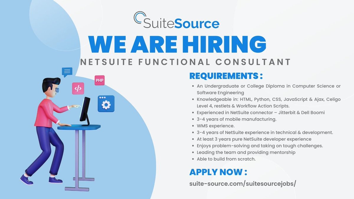 Our client has a #Remote #NetSuite consultant position open for candidates in #Canada or the #USA.
Apply by sharing your resume at: ow.ly/fKAm50MeWM3
#IT #ERP #MultiBook #Oracle #OracleERP #Hiring #Jobs #NowHiring #Recruiting