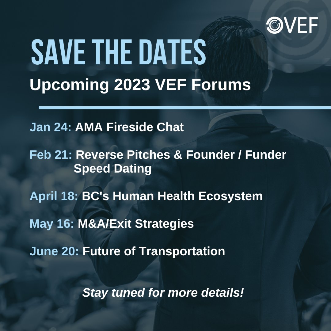 vefdotorg's tweet photo. Save the Dates!
VEF host eight events per calendar year. Here is our current schedule for 2023 - stay tuned for more details.
#vancouverstartups #vantech #vancouverentrepreneurs #startups #vancouverbiz #vefforum https://t.co/WPoh0V35UV
