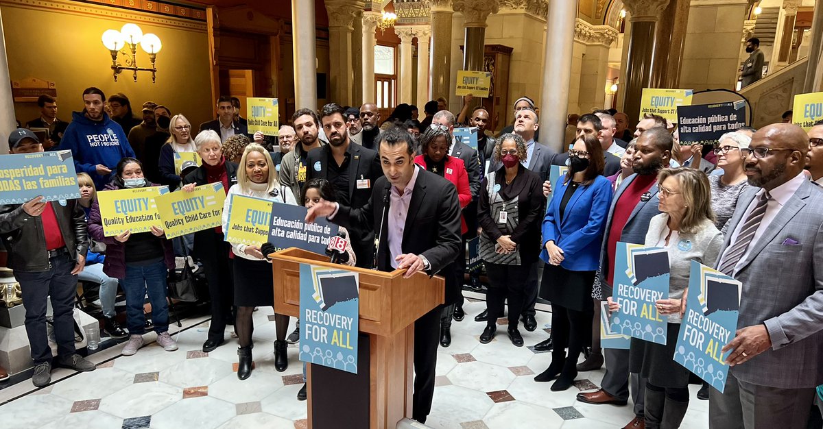 AFTCT's tweet photo. Happening now: #union activists join advocates in @Recovery4AllCT at #CTGeneralAssembly to demand lawmakers hold big biz &amp; billionaires accountable for paying #FairShare to protect #CTQuality of life for all. #FundOurFutureCT @AFTUnion @AFTTeach @AAUP @CSUAAUP @SEIU @SEIU1199_NE https://t.co/5e968OinmE
