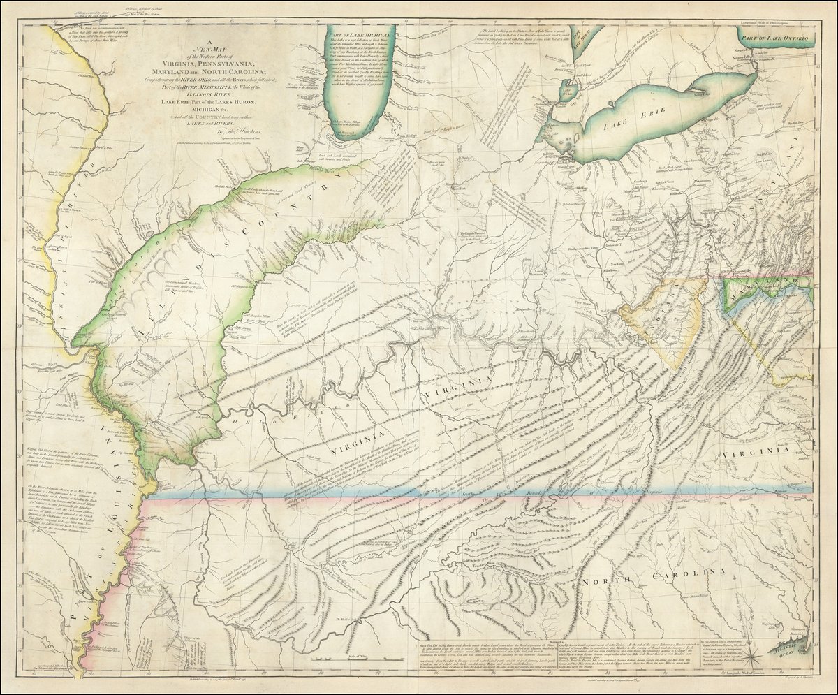 Hutchins' map (1778) of the area between the Appalachians and the Mississippi River was hugely important for American expansion westward. 

Find out how here: raremaps.com/gallery/detail…

#maps