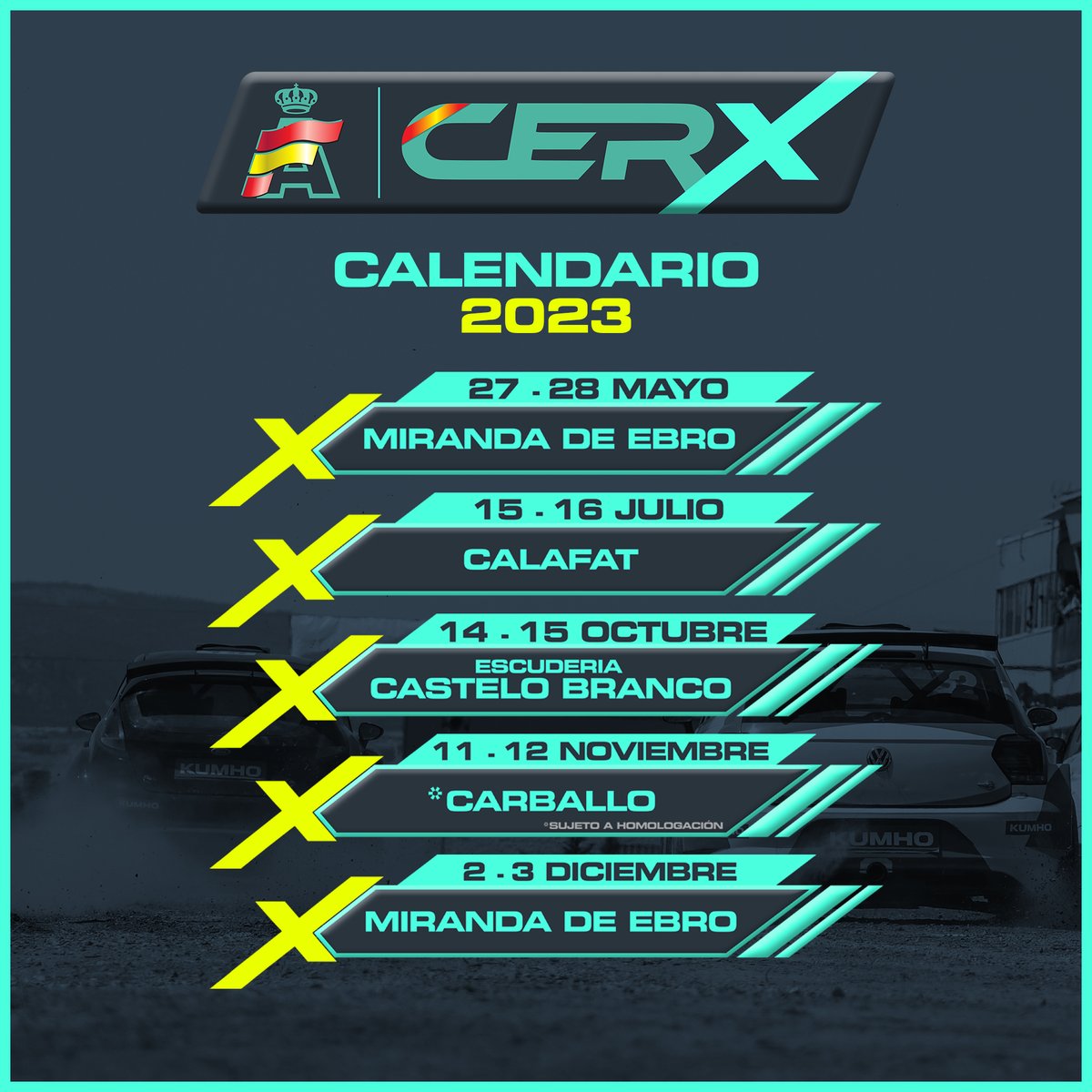 📰 Cinco pruebas puntuables para la Copa de España de Rallycross 2023

✅ Regresan <a href="/acmirandes/">Automóvil Club Miran</a> y <a href="/CircuitCalafat/">Circuit Calafat</a> 
🔜 Estreno de la nueva pista mixta de Carballo
🧳 Visita a nuestros amigos de la <a href="/escuderiacb/">Escuderia Castelo Branco</a> 

Más info ➡️ cerx.rfeda.es/actualidad/c/0…

#CERX #Rallycross