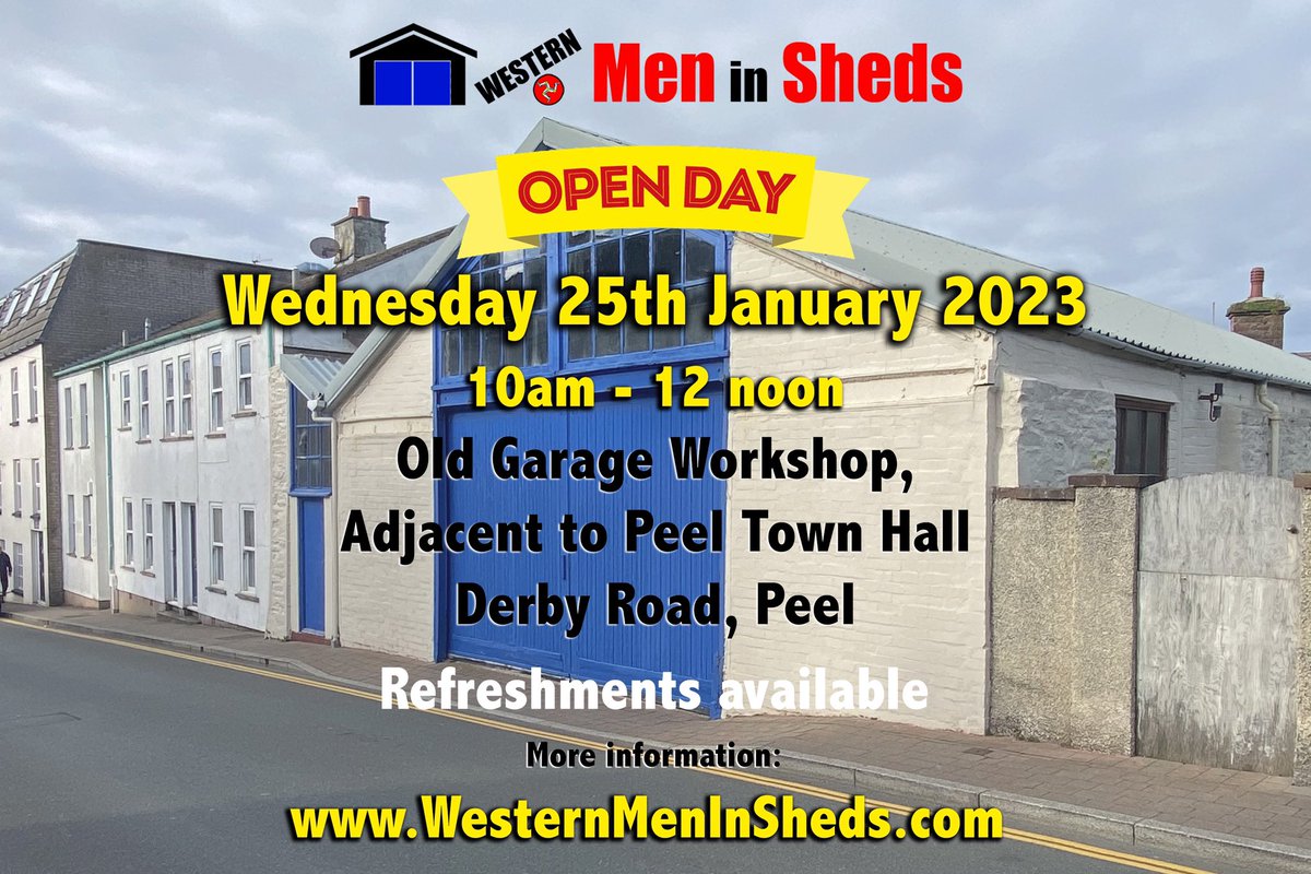 🎉 Open Day! 🎉 
Please spread the word 📣 
We are pleased to announce that our Open Day will be held on Wednesday 25th January between 10am & 12 noon. Everyone is welcome to join us @ the Old Garage Workshop, adjacent to Peel Town Hall, Derby Rd, Peel @IOMGovernment #meninsheds