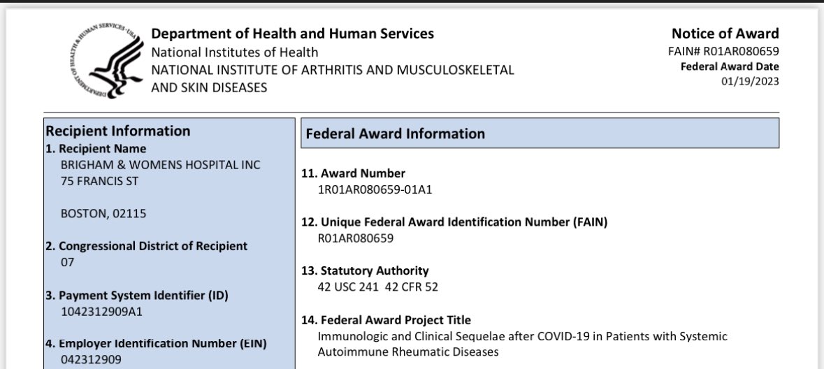 Thrilled to celebrate with @jeffsparks and our team @MassGenBrigham @MGHrheumatology @BrighamWomens @MGH_ClinEpi @mgh_mpec @ragoninstitute that we have our NOA for our R01 to continue to investigate the clinical and immunologic sequelae of COVID-19 in people w/ rheumatic diseases