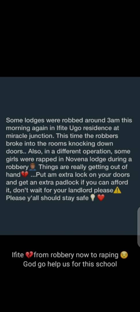 Pls this is no longer funny anymore, it's not just robbery anymore, they now rape student. Pls we need security in our school #unizikisnotsafe