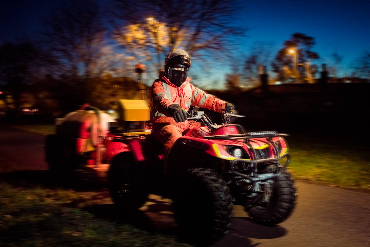 alexbeckett's tweet image. Out with the cycle lane gritting team on the Chisholm Trail tonight! Fun fact, they don't actually grit, they use a liquid brine solution towed behind on a trailer. Stay safe and wrap up warm out there, it's very cold! #ActiveTravel #GotGrit #Bike @CambsCC @GreaterCambs