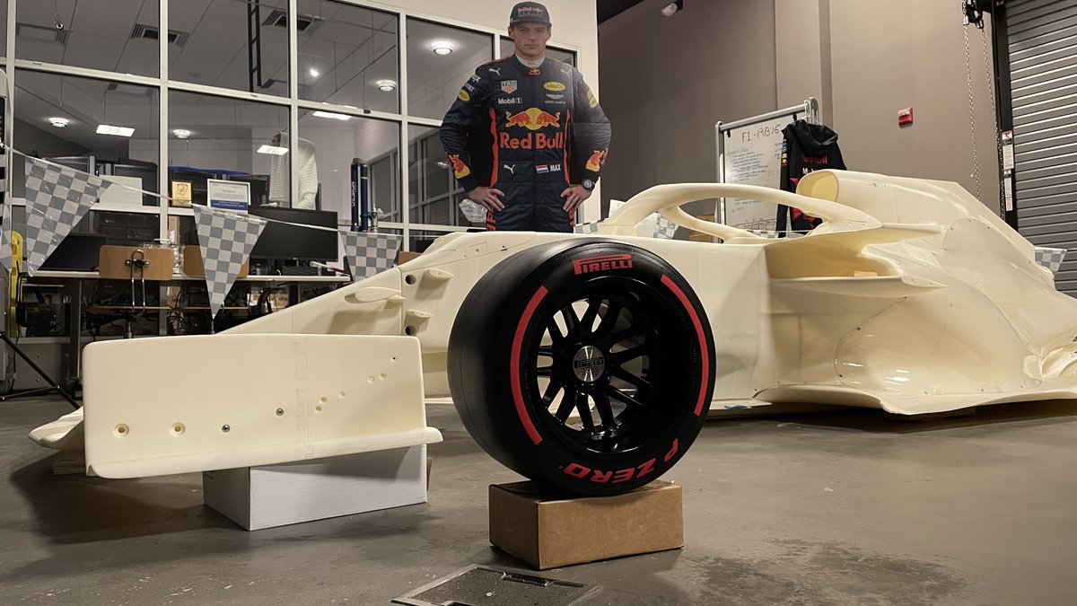 I scored this Official F1 Wind Tunnel Pirelli Soft Tire, and with a little forced perspective it gives an idea of what our #3dprinted RB16 is gonna look like. p.s.🙂 #F1 #formula1 #redbull #redbullracing #maxverstappen  #simulator #fullsailuniversity #studentwork